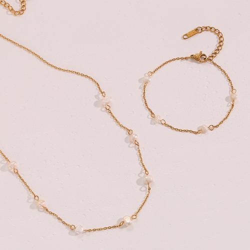 Fashion Stainless Steel Jewelry Sets, 304 Stainless Steel, with Freshwater Pearl, Vacuum Ion Plating, fashion jewelry & different styles for choice & for woman, golden, Sold By PC