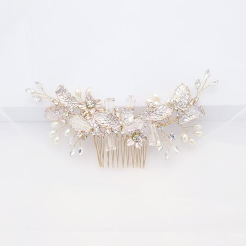 Décoratif Peigne nuptiale de cheveux, alliage de zinc, avec fil en laiton & cristal & perle de plastique, Placage, fait à la main & pour femme & avec strass, Or, 165x60mm, Vendu par PC