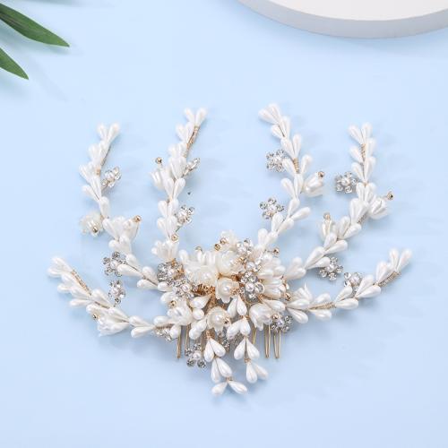 Décoratif Peigne nuptiale de cheveux, alliage de zinc, avec fil en laiton & perle de plastique, fait à la main, bijoux de mode & pour femme & avec strass, Or, 165x60mm, Vendu par PC