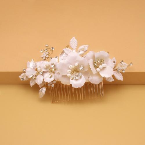 Bridal Decorative Hair Comb, Tibetan Style, with Seedbead & brass wire & Polymer Clay & Crystal, plated, fashion jewelry & handmade & for woman, gold, 140x80mm, Sold By PC
