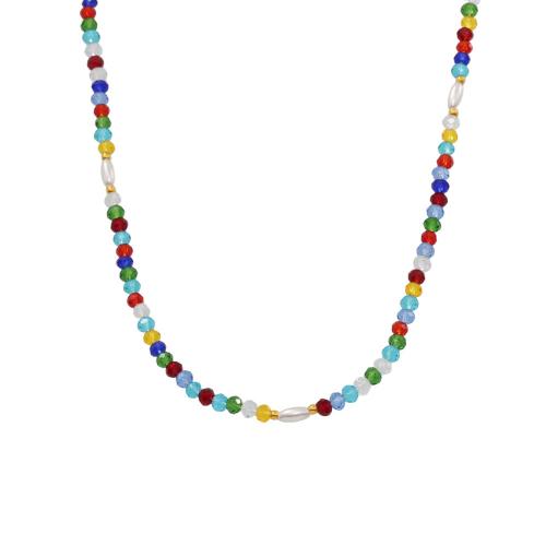 Collier de perles en plastique, Acier inoxydable 304, avec Pierre naturelle & perle de plastique, avec 2.7 Inch chaînes de rallonge, Placage, bijoux de mode & pour femme, multicolore, Longueur:14.9 pouce, Vendu par PC