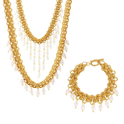 Fashion Stainless Steel Jewelry Sets, 304 Stainless Steel, with Shell Pearl, plated, fashion jewelry & different styles for choice & for woman, golden, Sold By PC