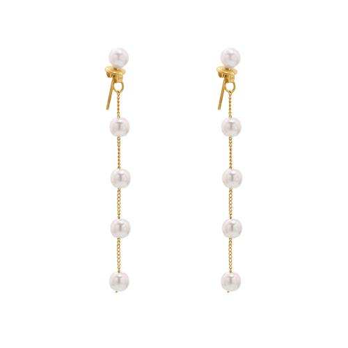 Stainless Steel Drop Earring, 304 Stainless Steel, with Shell Pearl, plated, fashion jewelry & for woman, golden, Sold By Pair