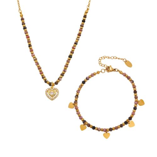 Fashion Stainless Steel Jewelry Sets, 304 Stainless Steel, with Natural Stone, plated, fashion jewelry & different styles for choice & for woman, golden, Sold By PC