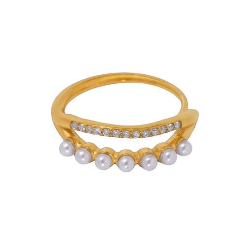 Cubic Zirconia Stainless Steel Finger Ring, 304 Stainless Steel, with Shell Pearl & Cubic Zirconia, plated, fashion jewelry & for woman & hollow, more colors for choice, Sold By PC