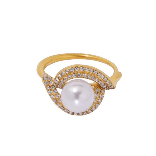 Cubic Zirconia Stainless Steel Finger Ring, 304 Stainless Steel, with Shell Pearl, plated, micro pave cubic zirconia & for woman & hollow, more colors for choice, Sold By PC