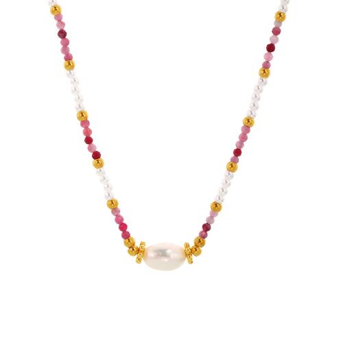 Stainless Steel Jewelry Necklace, 304 Stainless Steel, with Natural Stone & Shell Pearl & Freshwater Pearl, plated, fashion jewelry & different materials for choice & for woman, multi-colored, Sold By PC