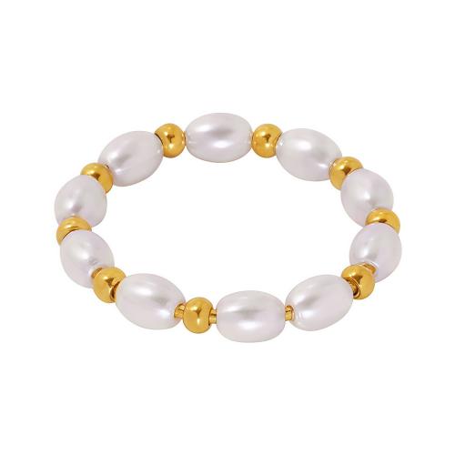 Stainless Steel Finger Ring, 304 Stainless Steel, with Shell Pearl, 18K gold plated, fashion jewelry & different size for choice & for woman, Sold By PC