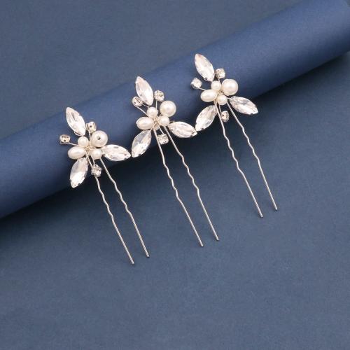 Bridal Hair Pins, Tibetan Style, with brass wire & Crystal & Plastic Pearl, handmade, three pieces & fashion jewelry & for woman, more colors for choice, Sold By Set