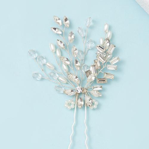 Bridal Hair Pins, Tibetan Style, with brass wire & Crystal & Plastic Pearl, handmade, fashion jewelry & for woman, silver color, 135x80mm, Sold By Set