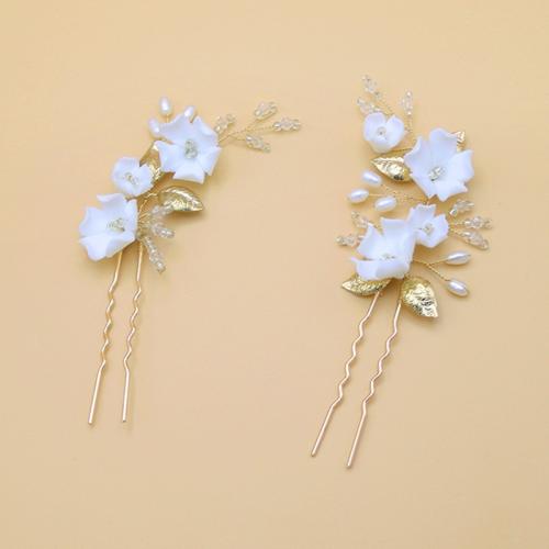 Bridal Hair Pins, Tibetan Style, with brass wire & Polymer Clay & Crystal & Plastic Pearl, plated, 2 pieces & handmade & for woman, golden, 110x70mm, Sold By Set