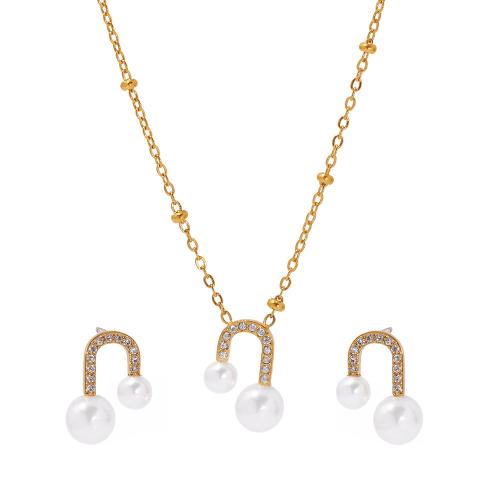 Zirconia cúbicos Juegos de joyería de acero inoxidable, acero inoxidable 304, con Shell Pearl & cúbica circonia, chapado, diferentes estilos para la opción & para mujer, más colores para la opción, Vendido por UD