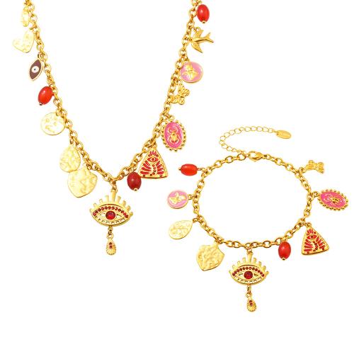 Enamel Stainless Steel Jewelry Set, 304 Stainless Steel, with Natural Stone & Cubic Zirconia, Vacuum Ion Plating, different styles for choice & for woman, more colors for choice, Sold By PC