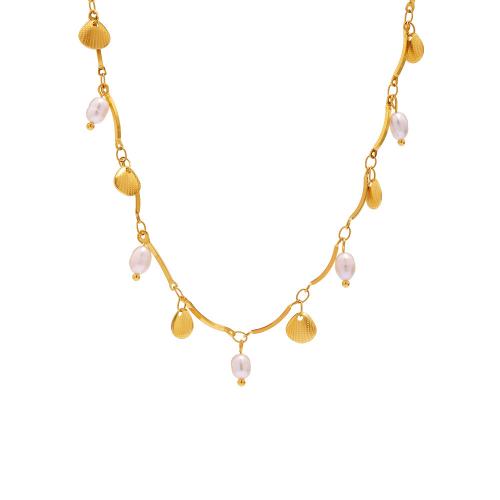 Stainless Steel Jewelry Necklace, 304 Stainless Steel, with Freshwater Pearl, with 1.9 Inch extender chain, plated, fashion jewelry & for woman, golden, Length:Approx 15.53 Inch, Sold By PC