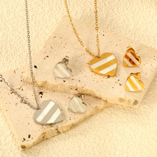 Enamel Stainless Steel Jewelry Set, Stud Earring & necklace, 304 Stainless Steel, with White Shell, Heart, plated, 2 pieces & fashion jewelry & for woman, more colors for choice, Sold By Set