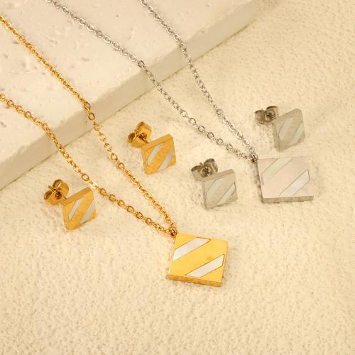 Enamel Stainless Steel Jewelry Set, Stud Earring & necklace, 304 Stainless Steel, with White Shell, Square, plated, 2 pieces & fashion jewelry & for woman, more colors for choice, Sold By Set