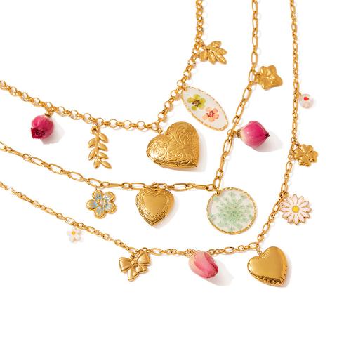 Collar de acero inoxidable de la joyería, acero inoxidable 304, con Flores secas, chapado, para mujer & pegamento de gota, dorado, Vendido por UD