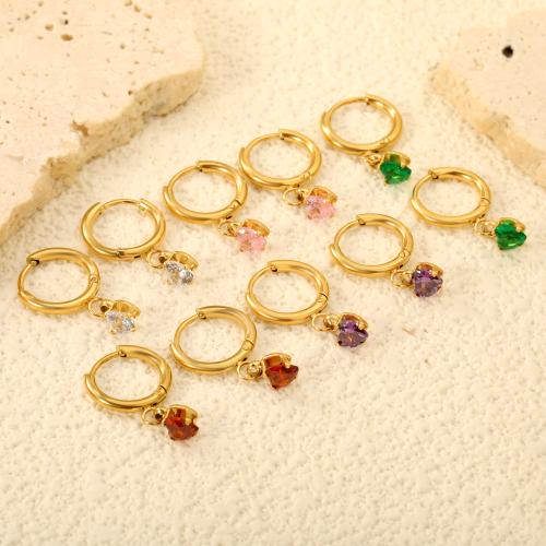 Stainless Steel Drop Earring, 304 Stainless Steel, with Cubic Zirconia, Heart, gold color plated, fashion jewelry & for woman, more colors for choice, Sold By Pair