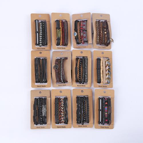 PU Leather Bracelet Set, with Wax Cord & Wood & Tibetan Style, handmade, random style & fashion jewelry & Unisex, Length:Approx 6-10 Inch, Sold By Set