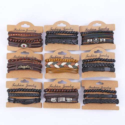 PU Leather Bracelet Set, with Obsidian & Wax Cord & Wood & Tibetan Style, random style & vintage & Unisex, Length:Approx 6-10 Inch, Sold By Set