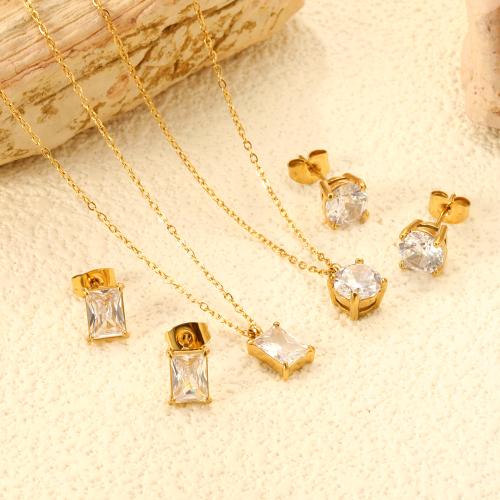 Zirkonia Edelstahl Schmuck Sets, Stud Ohrring & Halskette, 304 Edelstahl, mit kubischer Zirkonia, goldfarben plattiert, 2 Stück & Modeschmuck & für Frau, verkauft von setzen