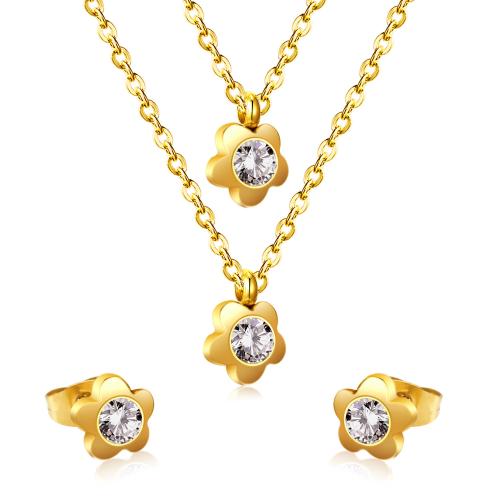 Rhinestone Edelstahl Schmuck Set, Stud Ohrring & Halskette, 304 Edelstahl, Blume, plattiert, 2 Stück & für Frau & mit Strass, keine, verkauft von setzen