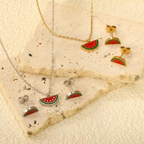 Enamel Stainless Steel Jewelry Set, Stud Earring & necklace, 304 Stainless Steel, Watermelon, plated, 2 pieces & for woman, more colors for choice, Sold By Set