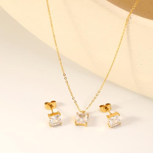 Cubic Zirconia Stainless Steel Jewelry Sets, Stud Earring & necklace, 304 Stainless Steel, with Cubic Zirconia, gold color plated, 2 pieces & different styles for choice & for woman, Sold By Set