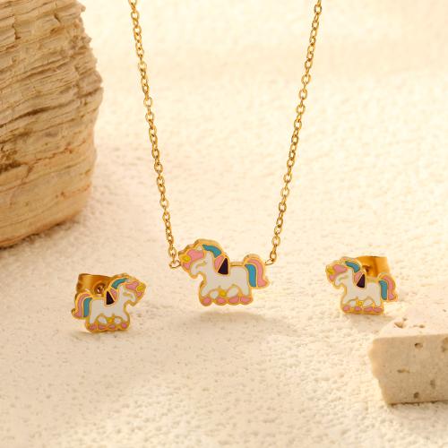 Emaille Edelstahl Schmuck Set, Stud Ohrring & Halskette, 304 Edelstahl, goldfarben plattiert, 2 Stück & verschiedene Stile für Wahl & für Frau, verkauft von setzen