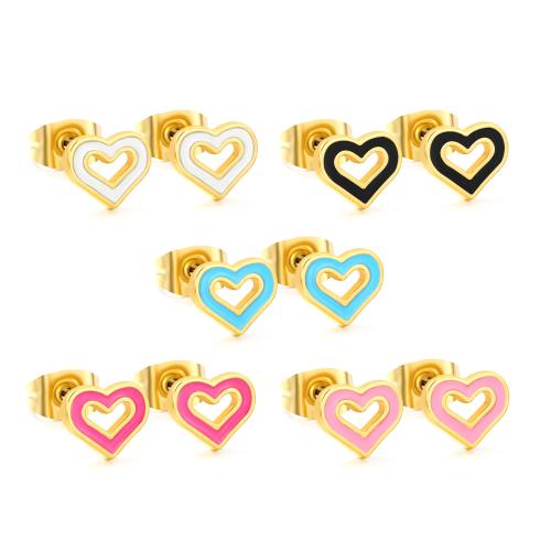 Stainless Steel Stud Earrings, 304 Stainless Steel, Heart, gold color plated, for woman & enamel & hollow, mixed colors, 10Pairs/Bag, Sold By Bag