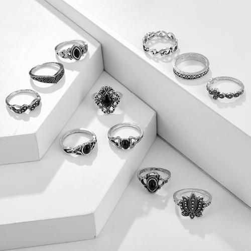 Tibetan Style Finger Ring, with Gemstone, fashion jewelry & with rhinestone, mixed colors, aboutuff1a15-20mm, 11PCs/Set, Sold By Set