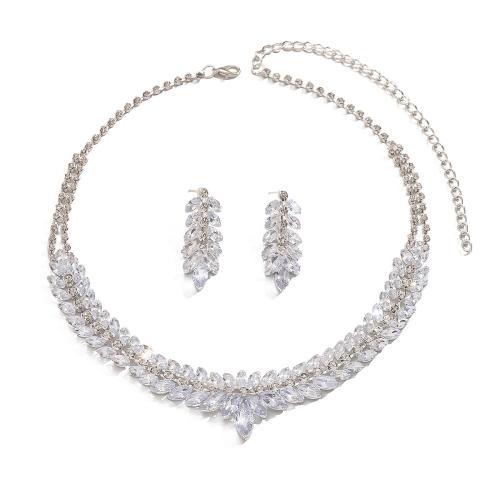 Brass Ensemble de bijoux, laiton, Placage de couleur argentée, 2 pièces & bijoux de mode & avec strass, argent, protéger l'environnement, sans nickel, plomb et cadmium, Vendu par PC