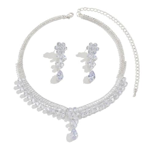 Brass Ensemble de bijoux, laiton, Placage de couleur argentée, 2 pièces & bijoux de mode & pavé de micro zircon, argent, protéger l'environnement, sans nickel, plomb et cadmium, Vendu par fixé