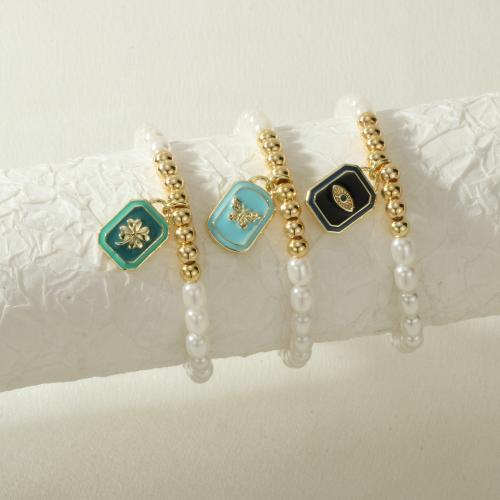 Brass Bracelet & Bangle, with Shell Pearl, Rectangle, gold color plated, different designs for choice & for woman & enamel, more colors for choice, nickel, lead & cadmium free, Length:16-17 cm, Sold By PC