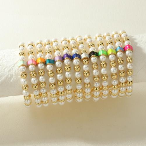 Brass Bracelet & Bangle, with Shell Pearl, gold color plated, for woman & enamel, more colors for choice, nickel, lead & cadmium free, Length:16-17 cm, Sold By PC
