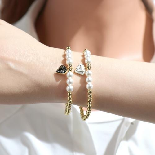 Brass Bracelet & Bangle, with Shell Pearl, Diamond Shape, gold color plated, for woman & enamel, more colors for choice, nickel, lead & cadmium free, Length:16-17 cm, Sold By PC