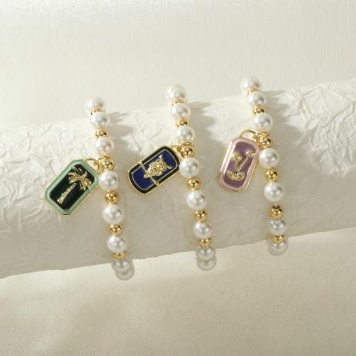 Brass Bracelet & Bangle, with Shell Pearl, Rectangle, gold color plated, different designs for choice & for woman & enamel, more colors for choice, nickel, lead & cadmium free, Length:16-17 cm, Sold By PC