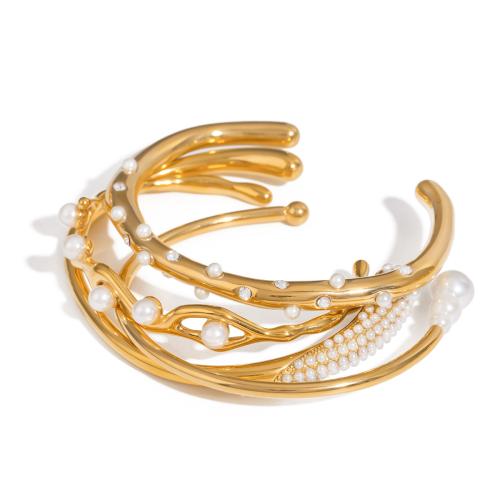 304 Stainless Steel Cuff Bangle, with Plastic Pearl, plated, fashion jewelry & different styles for choice & for woman, golden, Sold By PC