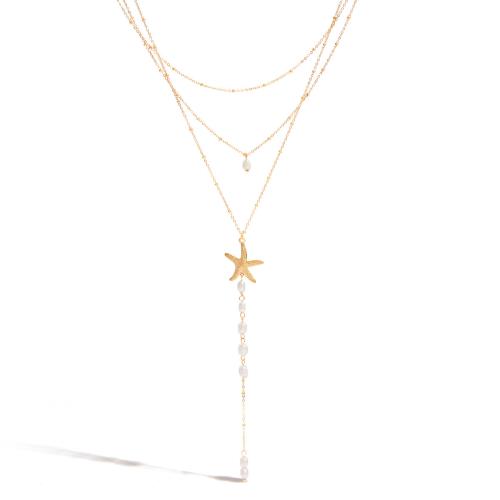 Multi Layer Necklace, 304 Stainless Steel, with Plastic Pearl, plated, three layers & fashion jewelry & for woman, golden, Sold By PC
