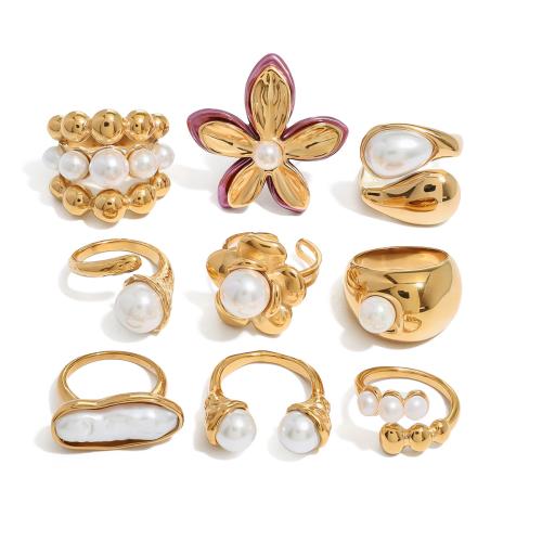 Stainless Steel Finger Ring, 304 Stainless Steel, with Plastic Pearl, plated, fashion jewelry & different styles for choice & for woman, Sold By PC