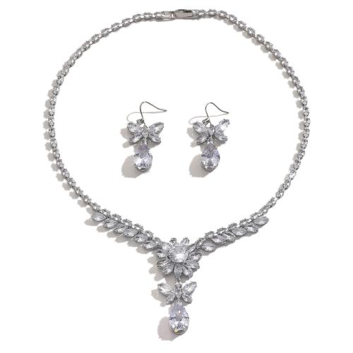 Brass Jewelry Set, with Glass, petals, silver color plated, 2 pieces & fashion jewelry & with rhinestone, silver color, nickel, lead & cadmium free, Sold By Pair