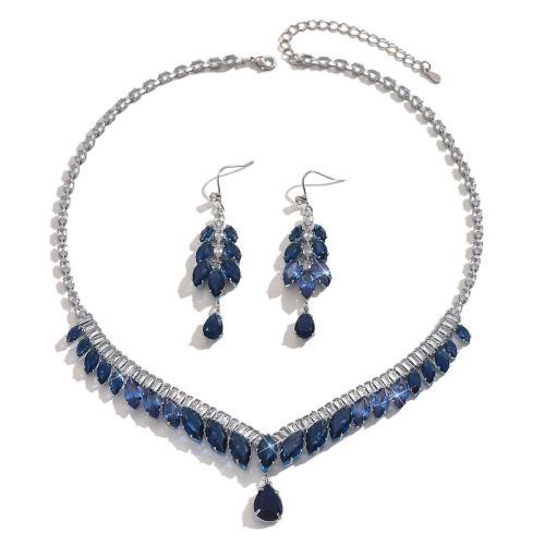 Parures de bijoux en alliage zinc, alliage de zinc, avec verre, Placage, 2 pièces & bijoux de mode & avec strass, bleu, Vendu par fixé