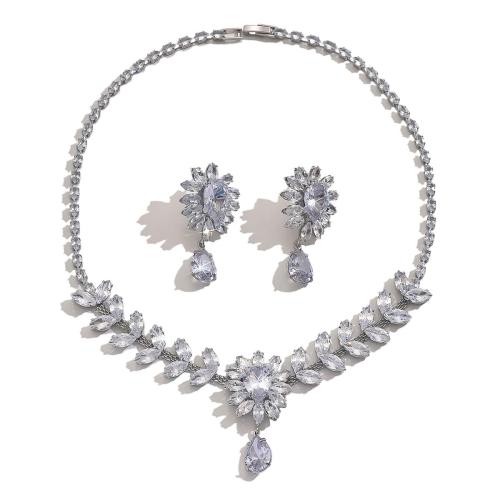 Cubic Zirconia Micro Pave Brass Jewelry Sets, plated, 2 pieces & fashion jewelry & micro pave cubic zirconia, white, nickel, lead & cadmium free, Sold By Set