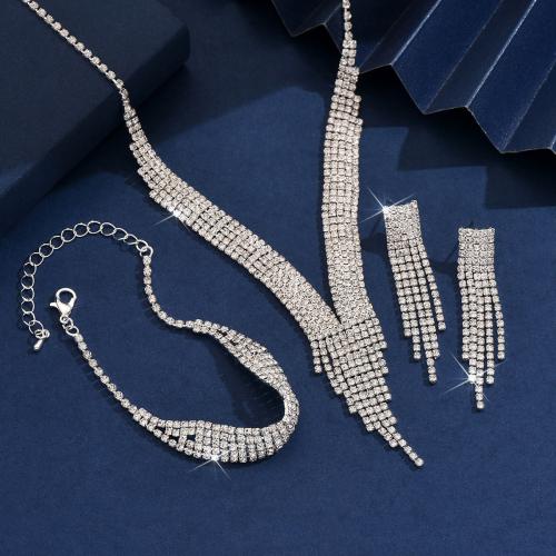 Rhinestone Jewelry Sets, Brass, silver color plated, three pieces & fashion jewelry & with rhinestone, silver color, nickel, lead & cadmium free, Sold By Set
