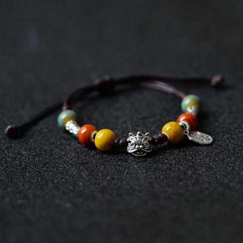 Tibetan Style Bracelet, with Porcelain & Wax Cord, Lion, handmade, folk style & Unisex, more colors for choice, Length:Approx 5.9-7.9 Inch, Sold By PC