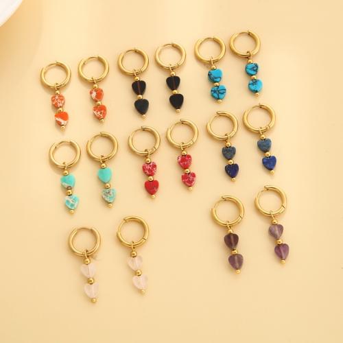304 Stainless Steel Huggie Hoop Drop Earring, with Gemstone, Heart, gold color plated, fashion jewelry & for woman, Random Color, 14x33mm, Sold By Pair