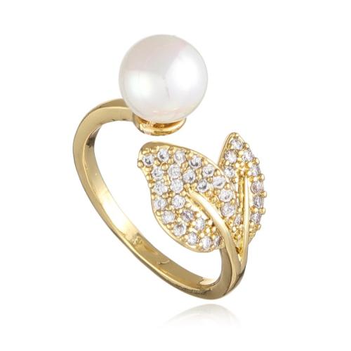 Brass Cuff Finger Ring, with Plastic Pearl, Butterfly, gold color plated, different styles for choice & micro pave cubic zirconia & for woman, US Ring Size:6-8, Sold By PC