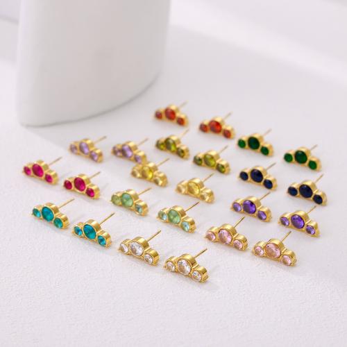 Stainless Steel Stud Earrings, 304 Stainless Steel, gold color plated, fashion jewelry & micro pave cubic zirconia, more colors for choice, Sold By Pair