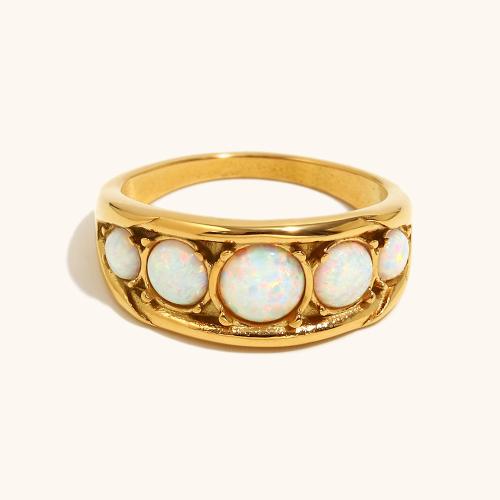Stainless Steel Finger Ring, 304 Stainless Steel, with Opal, gold color plated, fashion jewelry & different size for choice, golden, Sold By PC