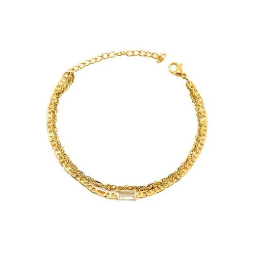 Stainless Steel Jewelry Bracelet, 304 Stainless Steel, with Cubic Zirconia, 18K gold plated, Double Layer & fashion jewelry & for woman, Sold By Pair